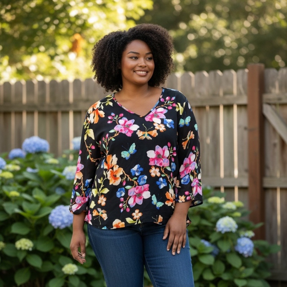 INC International Concepts Black Floral Blouse